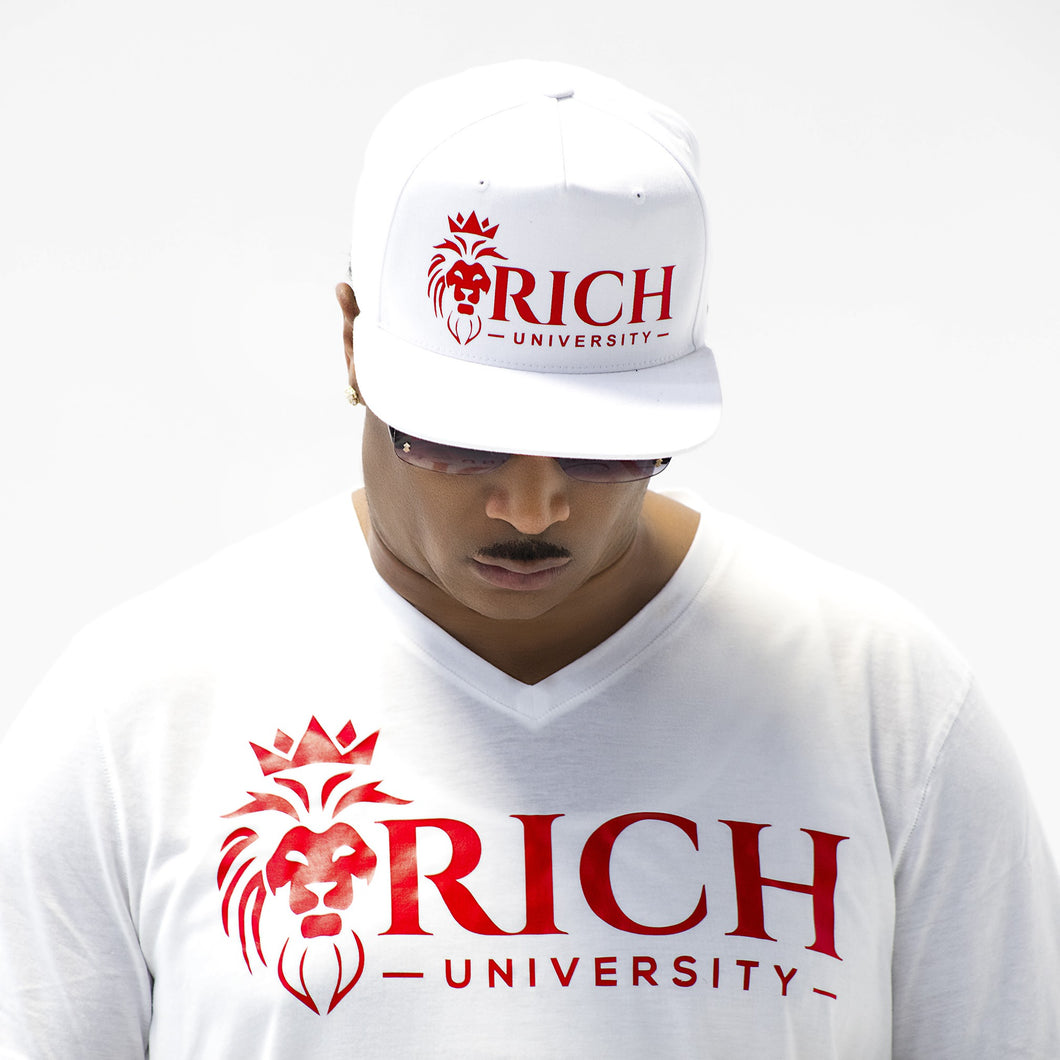 Rich U Mens Red & White Collection Set Shirt & Snap Back Cap