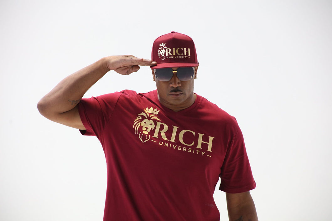 Rich U Mens Burgundy & Gold Collection Set Shirt & Snap Back Cap